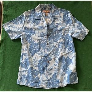 Caribbean Joe Blue Hawaiian Shirt Floral Leaf Print 100% Rayon Small Aloha Camp